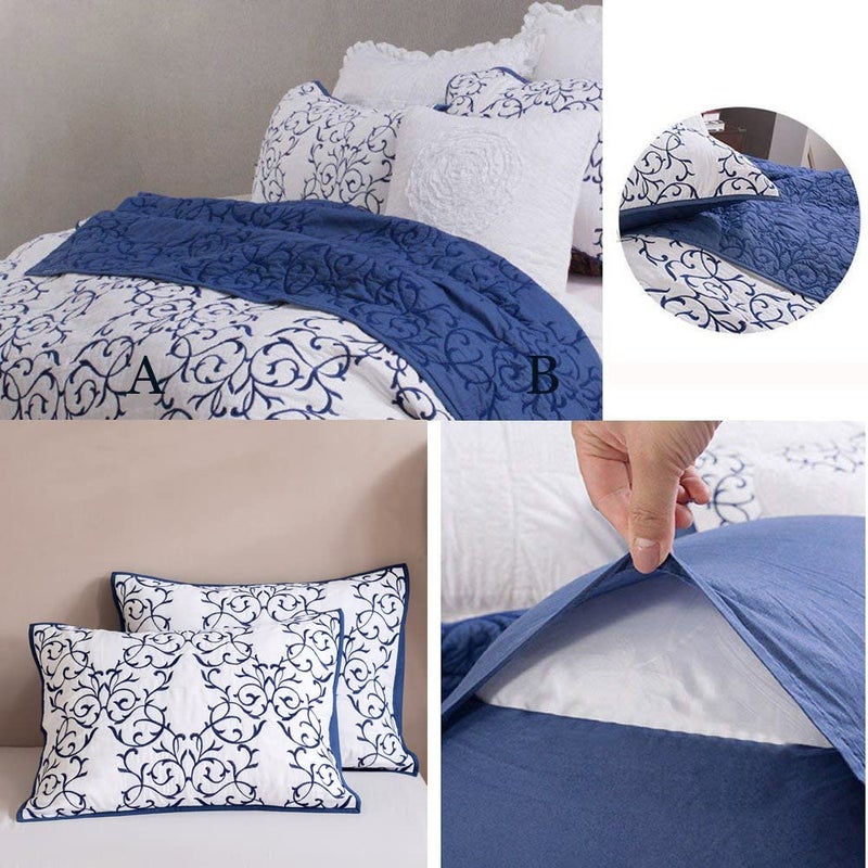 Mixinni Reversible Quilt 3-Piece Blue Embroidery Pattern Elegant Quilt Set with Embroidered Decorative Shams Soft Bedspreads & Coverlet Set - Full/Queen - Image 2